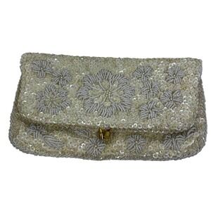 Vintage Maxime Original Beaded Sequin Clutch Bag White Floral Kentucky Derby